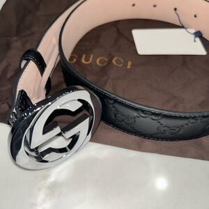 Gucci Black Embossed Leather Belt with Shiny Silver Buckle